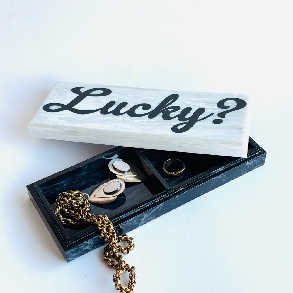 Edie Parker lucite Lucky? Marbled acrylic jewelry box tray